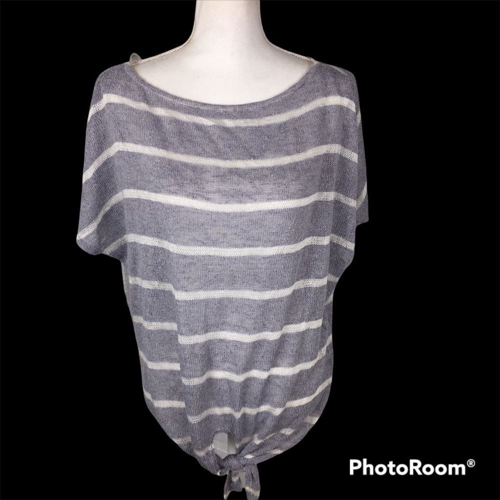 New Striped Short Sleeve Tie Front Sweater Medium White Birch Bluish/Purple/Gray
